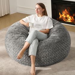 Grey Bean Bag Chair with Chevron Plush Fur Cover 4 FT   