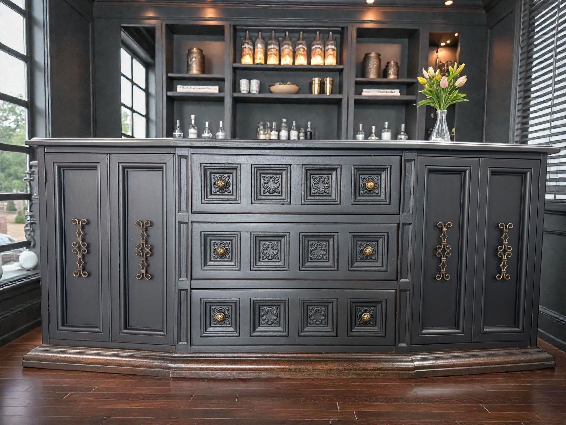 Buffet/Credenza/Sideboard Custom Painted In Black. Solid Construction, Gorgeous Piece