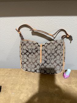 Coach Signature Jacquard Shoulder Bag – Tan Leather Trim – Authentic