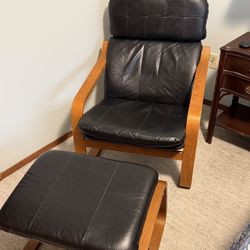 Black Leather and Teak Chair With Ottoman
