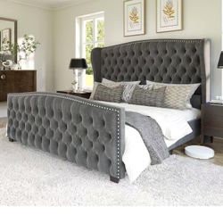 AMERLIFE King Size Platform Bed Frame, Velvet Upholstered Bed with Deep Button Tufted & Nailhead Trim Wingback Headboard/No Box Spring Needed/Grey $27