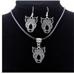 Fashion Women Lucky Owl Pendant Necklace Hook Earrings Jewelry Set