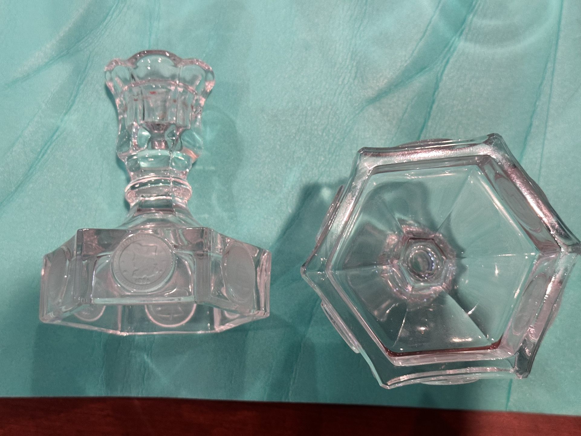 Set of Two Vintage Fostoria Coin Clear Glass Candlestick Holders