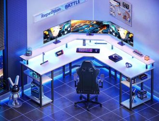 White 56 Inch L-Shaped Computer Gaming Desk – Reversible Corner Workstation with LED & Power