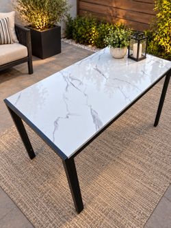 Modern White Marble-Look Table - Black Metal Legs