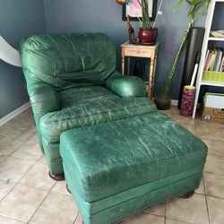 Leather Green Couch, Chair, And Ottoman