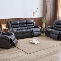New black faux leather reclining couch set 3 pieces included