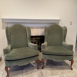 Ethan Allen Green Velvet Wingback Chairs (set of 2)