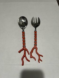 Pottery Barn Red Coral Tabletop Servers Serving Spoon Spork Metal