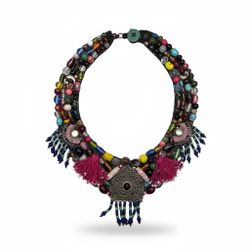 Handmade Tribal Statement Necklace – Multicolor Glass Beads, Metal Pendant & Tassels – Boho Ethnic Jewelry 