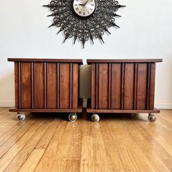 Mid Century Modern Rolling Walnut Side Table Cabinets