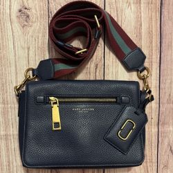 MARC JACOBS Navy Leather Crossbody with Striped Strap