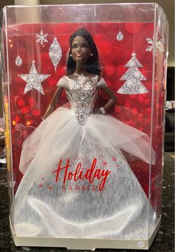 2021 Holiday Barbie Signature Doll Black Hair Silver White Gown Mattel
