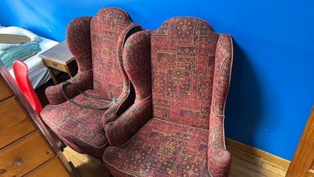 Pair of Wingback Armchairs – Red Tapestry Pattern