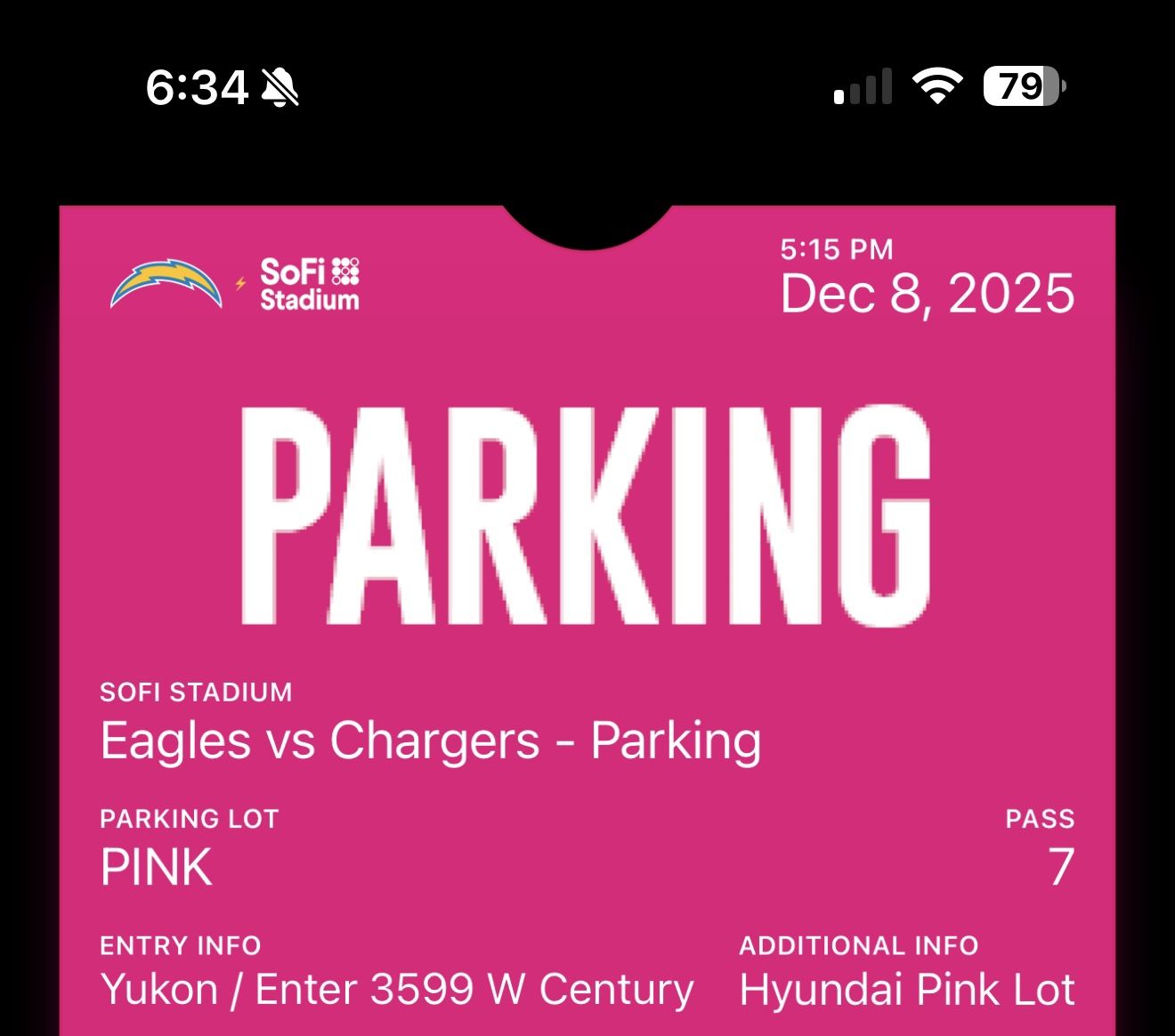 Parking Pass Eagles Versus Chargers Pink 