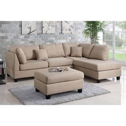 Brand new 104" x 75" tan or grey fabric sectional + ottoman