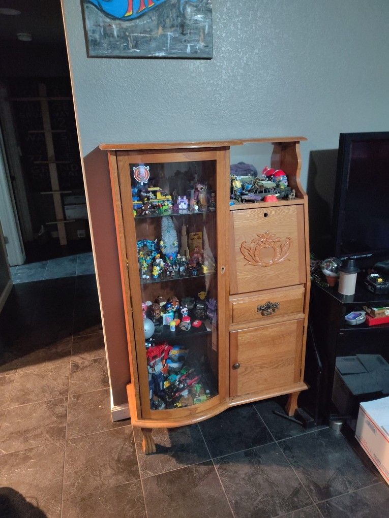 Antique Solid Oak Curio Cabinet, Side by Side, Secretary Desk, Pulaski Furniture / Dawson, Lighted. Curved Glass, Mirrored, Clawfoot, Lights