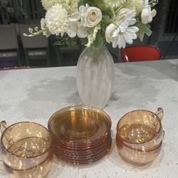 Vintage Set of 4 Peach Luster Glass Mugs and 9 plates