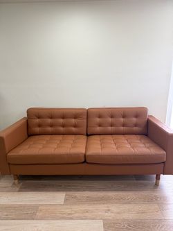 Tan Leather Tufted 3-Seater Sofa