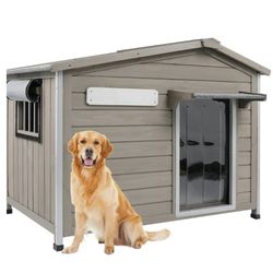 40"L Outdoor Dog House, Wooden Dog Kennel with Asphalt Roof for Medium Dog, Gray