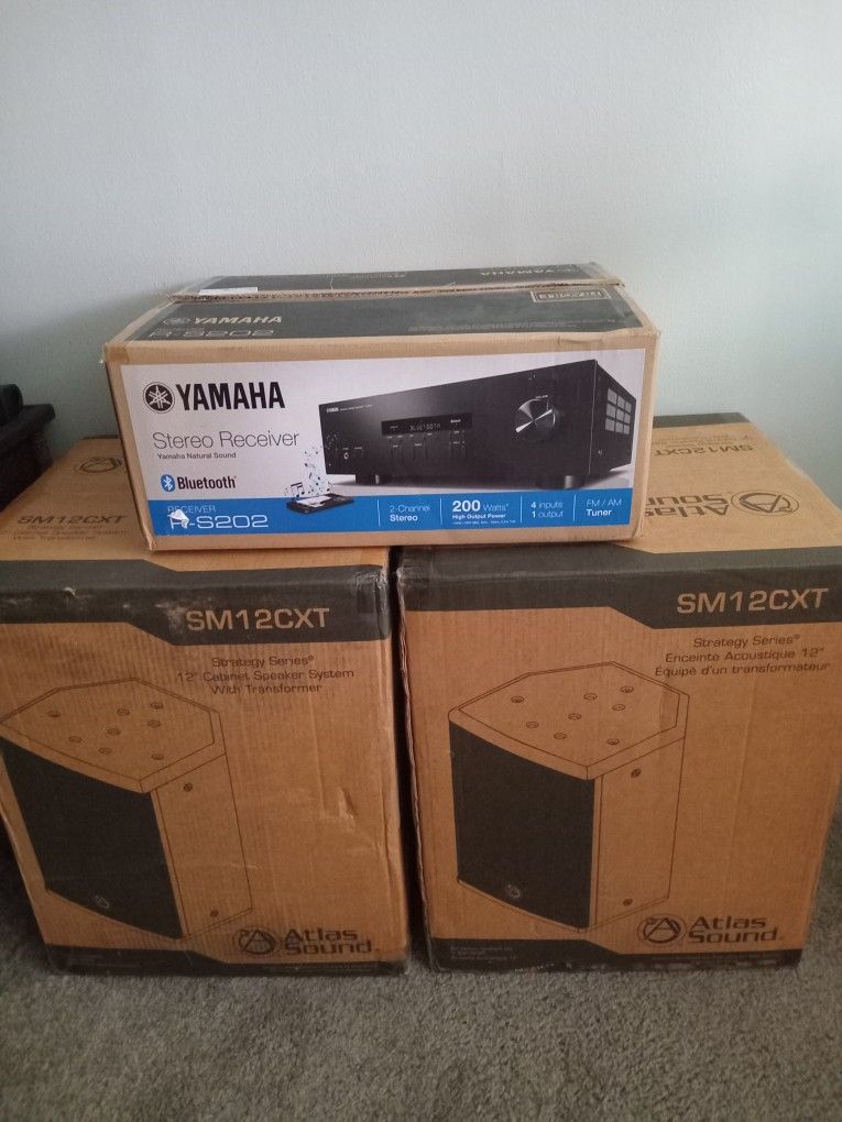 Yamaha  stereo receiver R-S202 (Bluetooth), Pair of Atlas Sound  12"  cabinet Speaker system