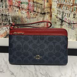 NWT Coach Double Zip Wristlet Denim Red 💙❤️