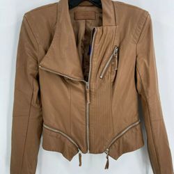 BLANKNYC Womens Brown Leather Long Sleeve Full Zipped Pockets Biker Jacket coat XS