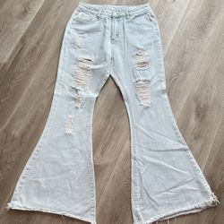 SHEIN Frayed Flare Leg Light Blue Denim Jeans Pants Ripped Destroyed High Waist Size L
