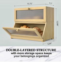 LOHASOK Double Layer Bamboo Bread Box for Kitchen Counter-Large Capacity Bread Storage Container Farmhouse Bread Box with Window Bread Holder... (V NE