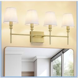 Luces de baño sobre espejo, 32.3 pulgadas, 4 luces, lámpara de baño de latón con pantalla de tela blanca acampanada para dormitorio, sala de estar, to
