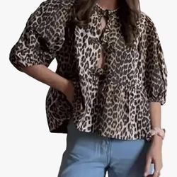 Womens size XL Tie Front Y2k Leopard Print Peplum Babydoll Puff Sleeve Coquette Top