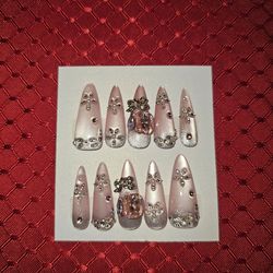 Press-On Nails | X-Long Stilletto | Pink & Silver w/ Bling (#3)