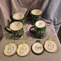 TEMP-TATIONS BY TARA GREEN FLORAL LACE SHAMROCK 16 OZ 4 FOOTED MUGSWith COASTERs