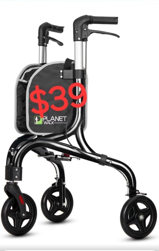 Planetwalk Premium 3 Wheel Rollator Walker for Seniors - Ultra Lightweight Foldable Walker for Elderly, Aluminum Three Wheel Mobility Aid, Black