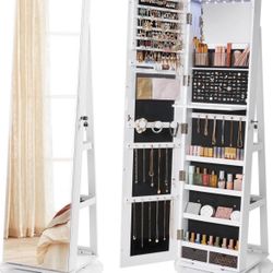 6 LEDs Lockable Mirror Jewelry Cabinet, 360° Swivel Jewelry Organizer Armoire Standing, Frameless Full-Length Mirror, 3 Storage Shelves, W