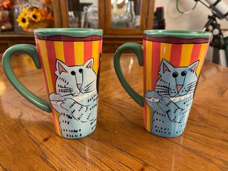 2 Matching Hand Painted “Catzilla” Tall Coffee Mugs by Candace Reiter