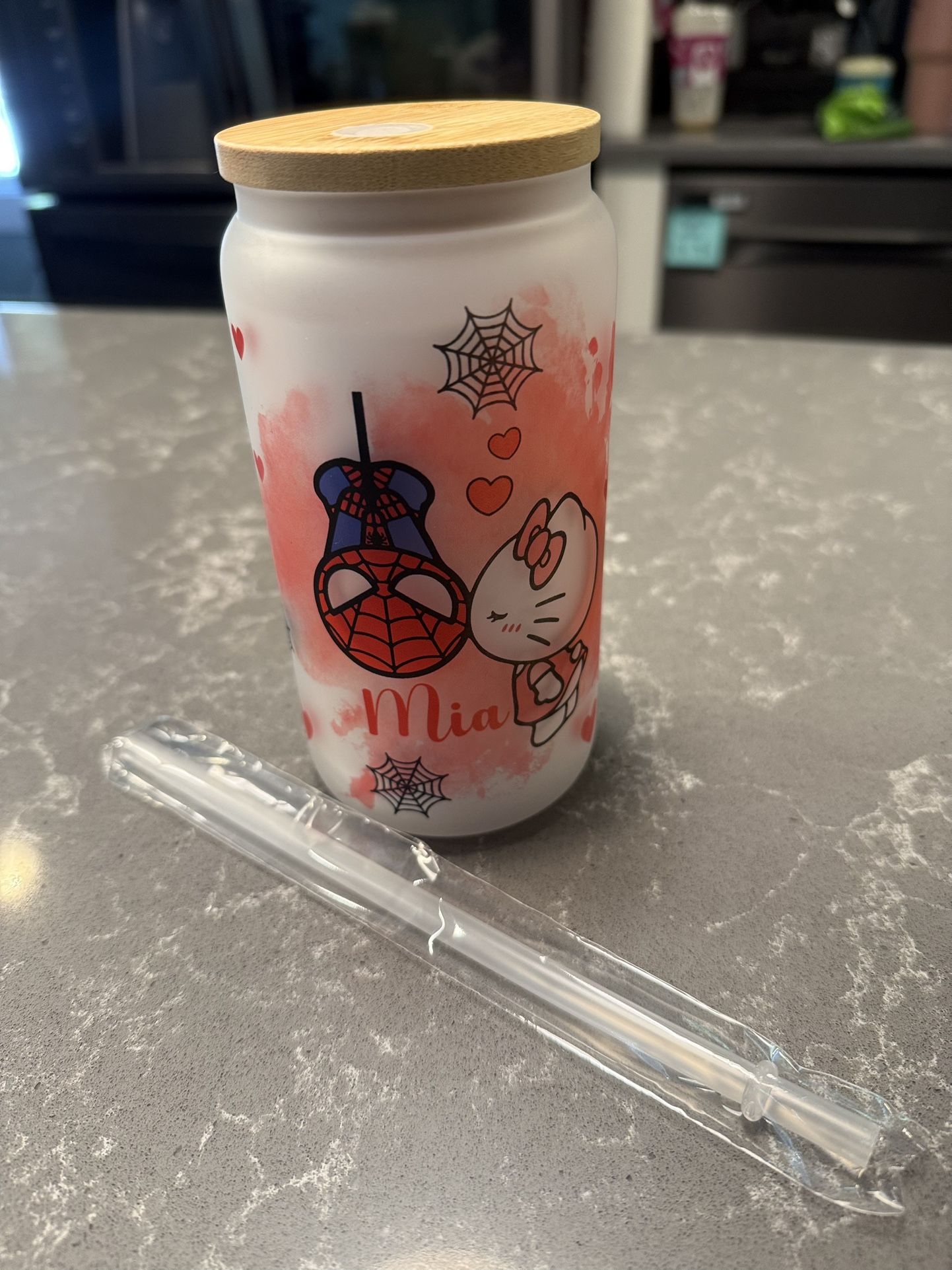 Hello Kitty Loves Spider-Man Glass Tumbler