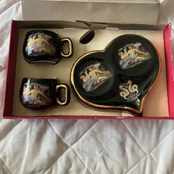 Handmade In Greece 24k Black and Gold Heart Shaped Cup Set Imported From Greece