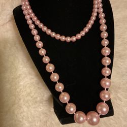 2 Beautiful Pink Pearl Necklaces.1 Choker With Silver Adjustable Clasps And 1 Necklace Is 24” Long W/gold Clasp