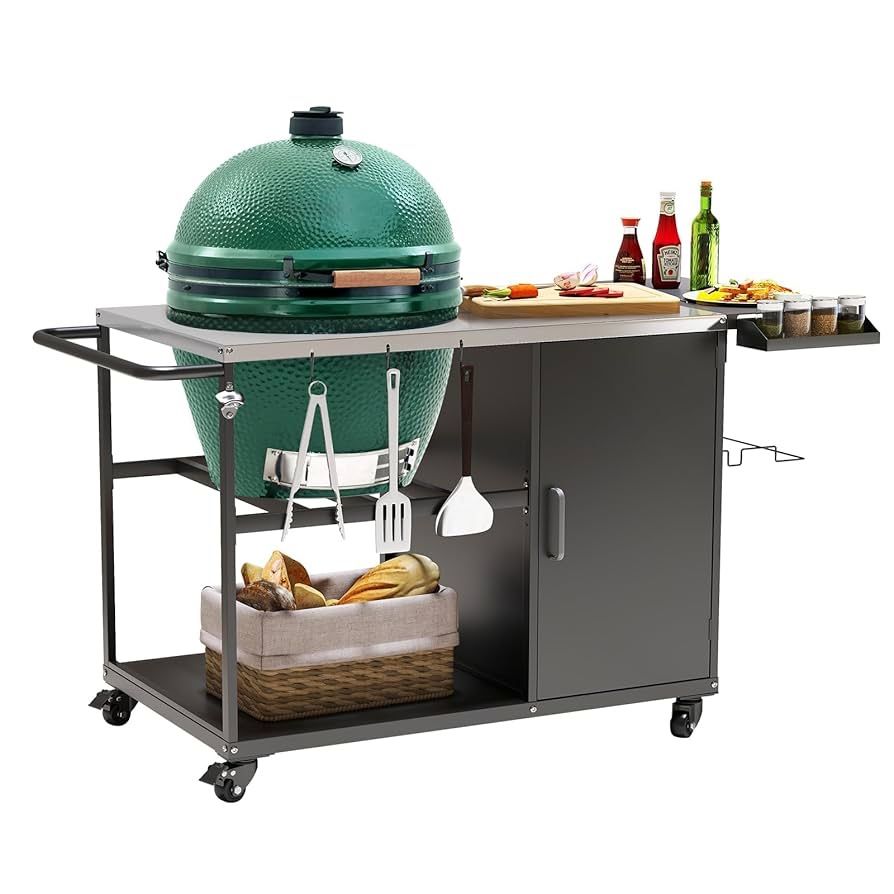Big Green Egg Grill Cart,Heavy Metal Outdoor Grill Stand Prep Table with Wheels,Plenty of Storage,Grill Table for Big Green Egg and Kamado