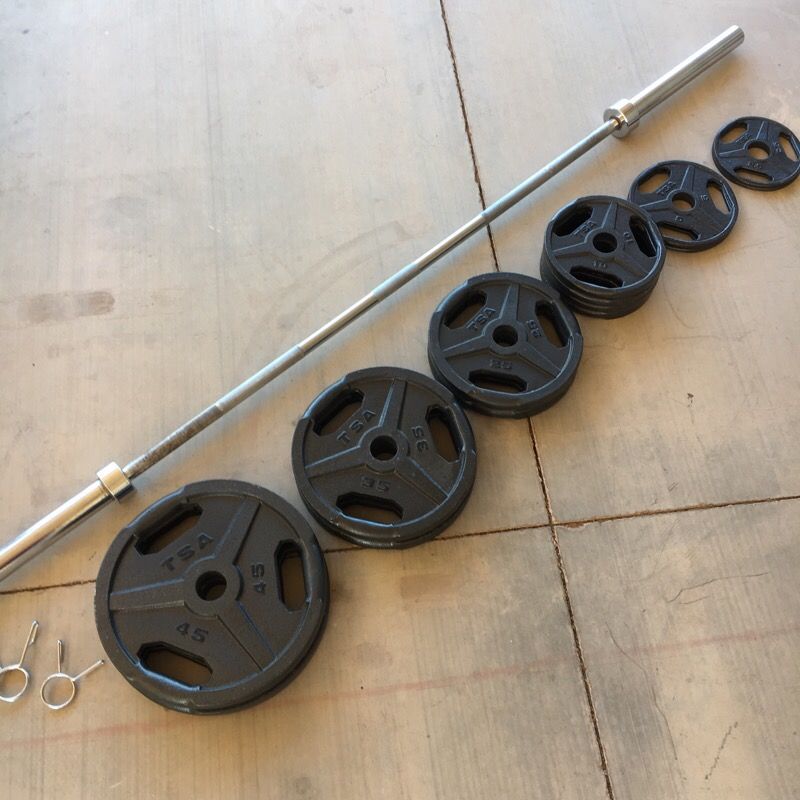 310 pound TSA Olympic grip plate weight set with Olympic bar