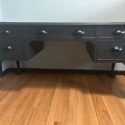 Refinished Satin Leather-Top Black Painted Hekman Mahogany Executive Desk