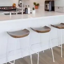 2 Counter Height Wood And White Metal Stools