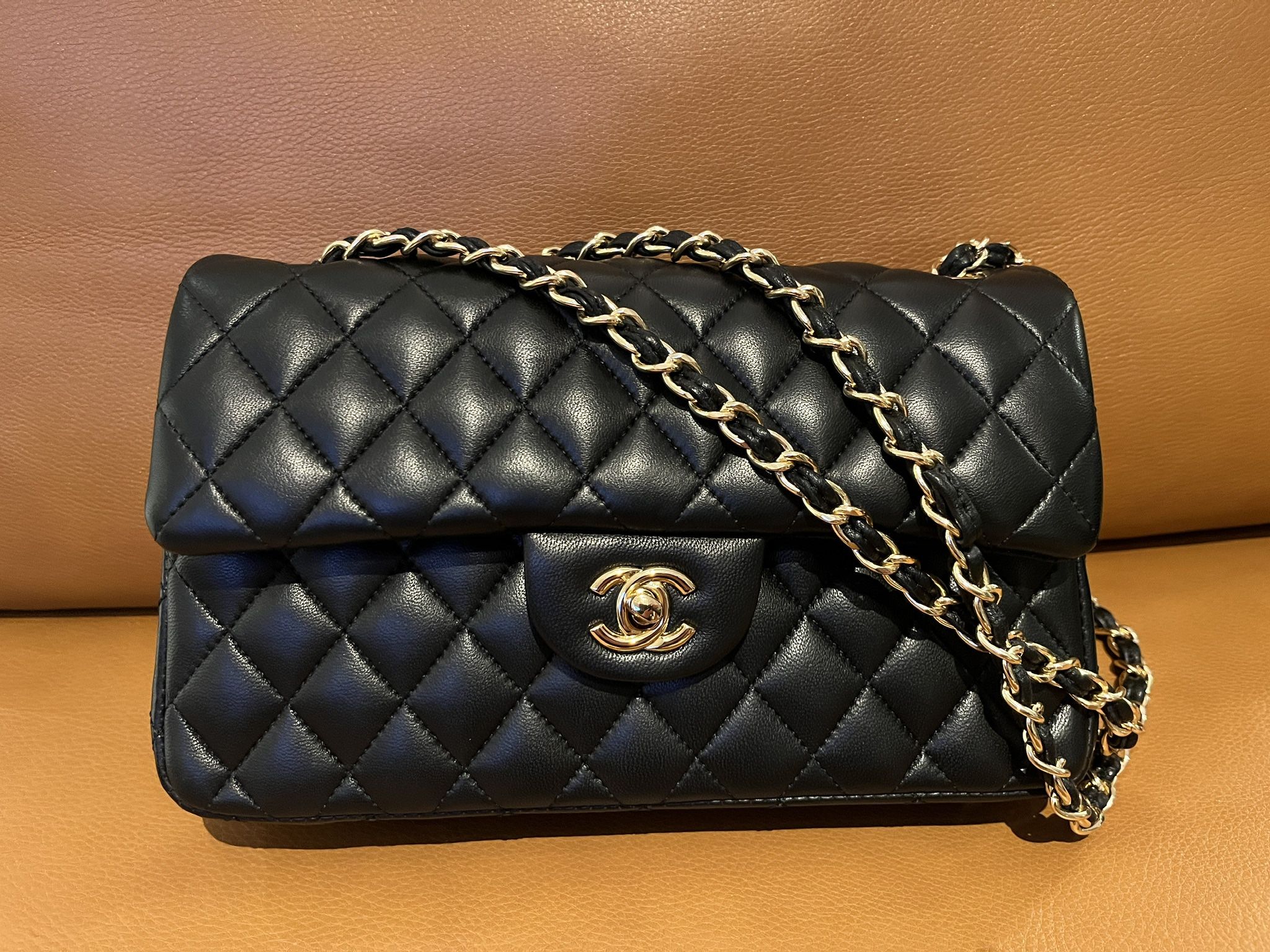 Quilted Black Lambskin Classic Medium Double Flap Shoulder Handbag. 