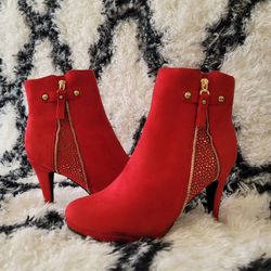 Red, Spiked, Heel Boots-Size 10
