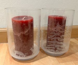 2 Christmas Glass Hurricane Candle Holders with Red Candles