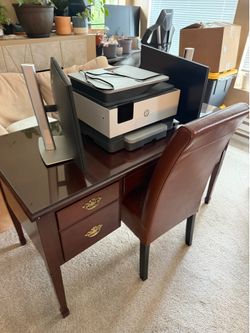 Complete Home Office Sale – Desk & Leather Chair, Dual Dell Monitors, HP Printe