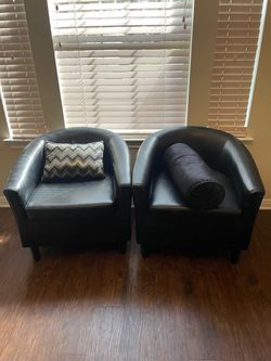 Pair of Black Faux Leather Barrel Accent Chairs from Pottery Barn