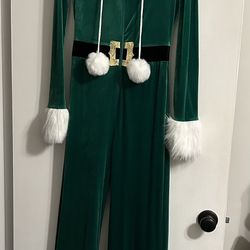 Velvet Green Elf Jumpsuit with Fur trim