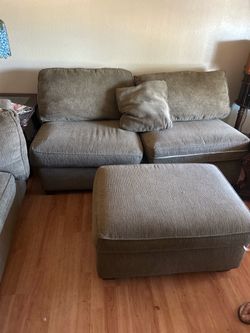 Olive green sofa, chase, ottoman